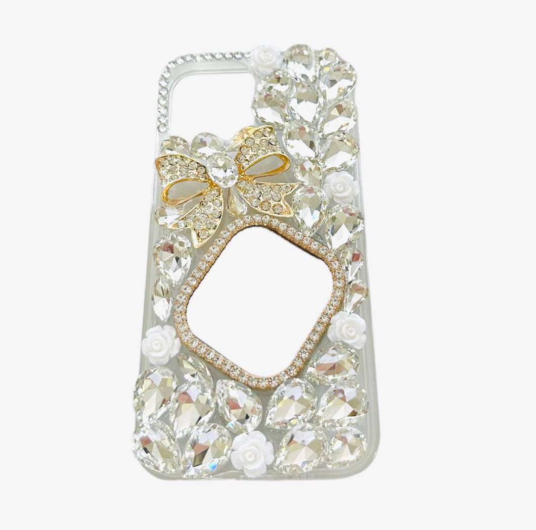 Shiny, Crystal Iphone Case With Ribbon and Mirror Design White　ミラー＆リボン　ホワイト