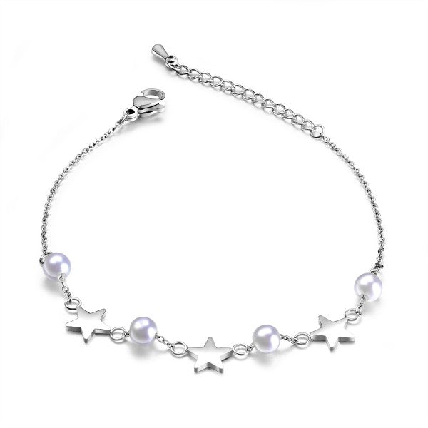 Star bracelet stainless steel, white beads　スターブレスレット