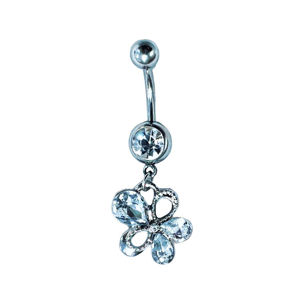 Flower with 3 Stone Dangle Belly Button Ring