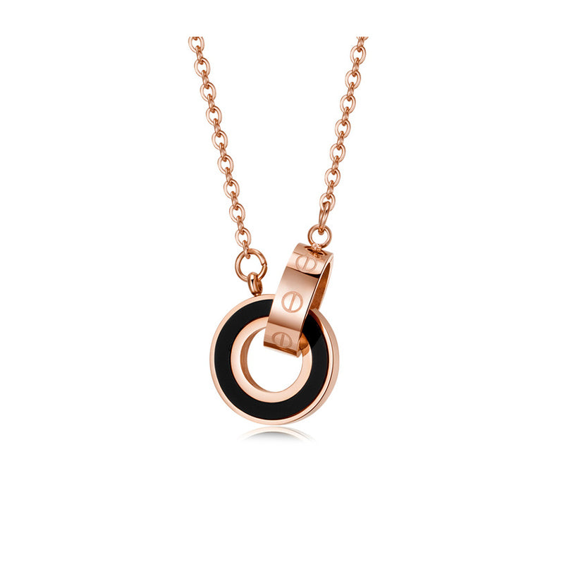 Rose gold double ring inlaid shell elegant stainless steel pendant clavicle chain