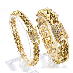 Miami Cuban Link -Hip Hop- Chain Bracelets . Stainless Steel Gold Plated with gems　ヒップホップ　チェーン　ブレスレット