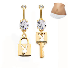 Load image into Gallery viewer, Rabbit Lock Key Design Gold Plated Crystal Gem Dangle Belly Button Ring
