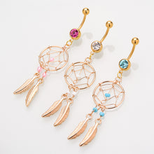 Load image into Gallery viewer, Dreamcatcher Design Gold Plated Crystal Gem Dangle Belly Button Ring
