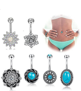 Hot Sale Hypoallergenic Blue Retro Belly Rings Button Stainless Steel Set Navel Ring Jewelry
