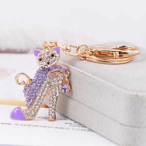 Luxury Rhinestone Key Ring, Cat on High Heel -Stainless Steel- Key Ring..