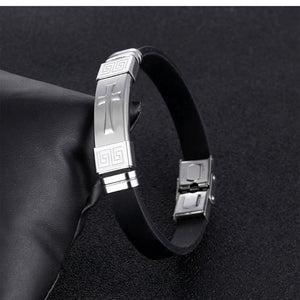 Male cross titanium steel leather bracelet　クロス　チタニウム　スチール　レザーブレスレット