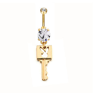 Rabbit Lock Key Design Gold Plated Crystal Gem Dangle Belly Button Ring